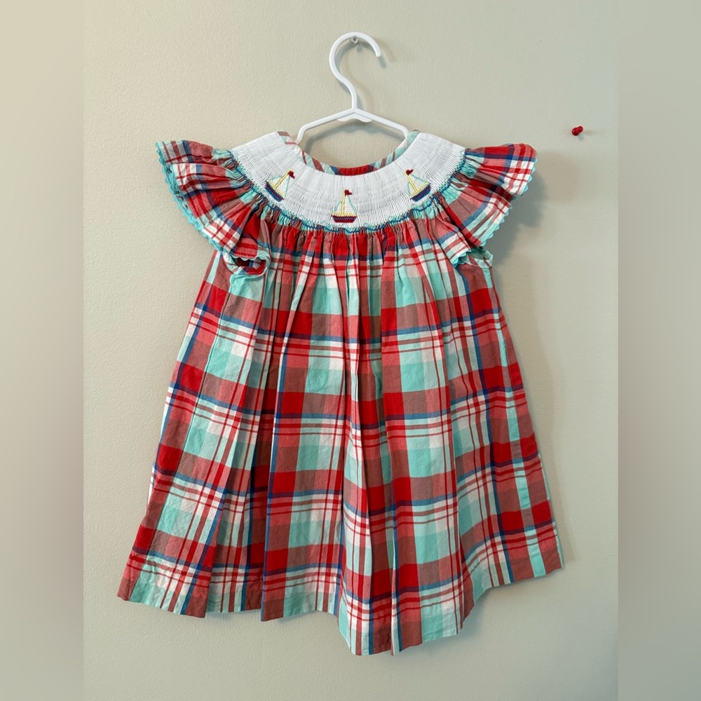 Classic Whimsy Smocked Sailboat Plaid Dress